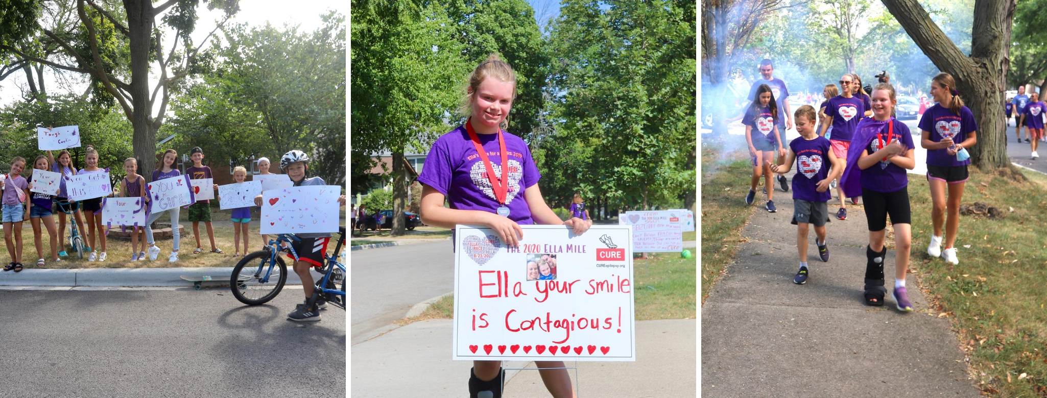 Three images, The first is a group of children wearing Ella Mile shirts. The second is of Ella herself standing behind a sign that says, "Ella, your smile is contagious." The third of of Ella and her family walking.
